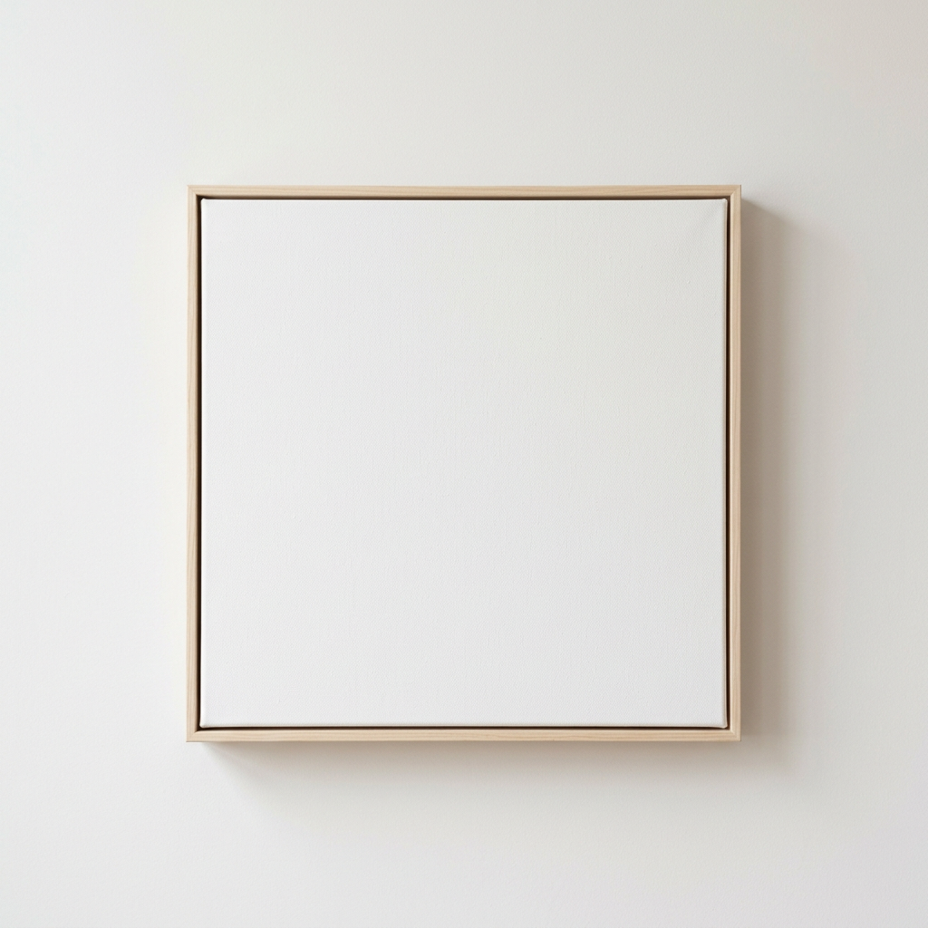 Blank white stretched canvas leaning against a light wall