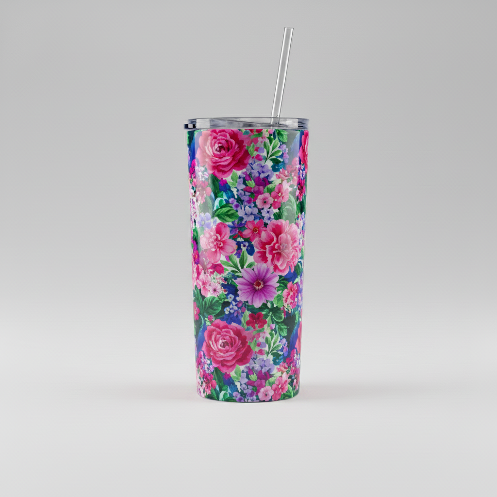 20oz skinny tumbler with vibrant full-wrap floral custom print design and reusable straw