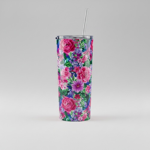 20oz skinny tumbler with vibrant full-wrap floral custom print design and reusable straw
